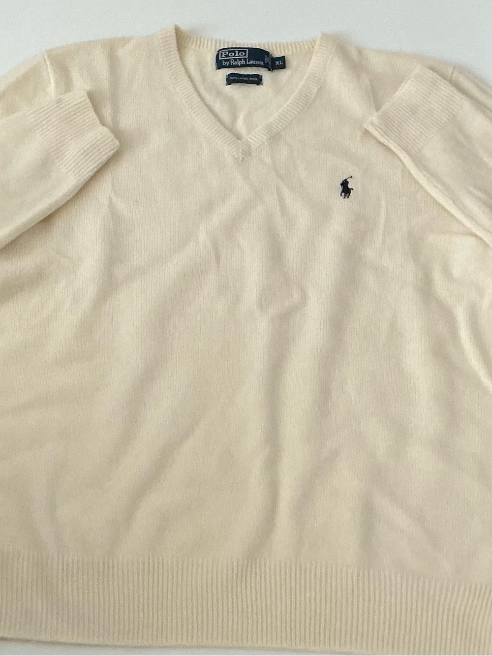 Ralph Lauren V-Neck Sweater in Cream with Navy Pony